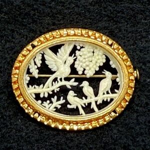 French Celluloid Cutout Birds and Grapes Brooch - Trombone Clasp Vintage